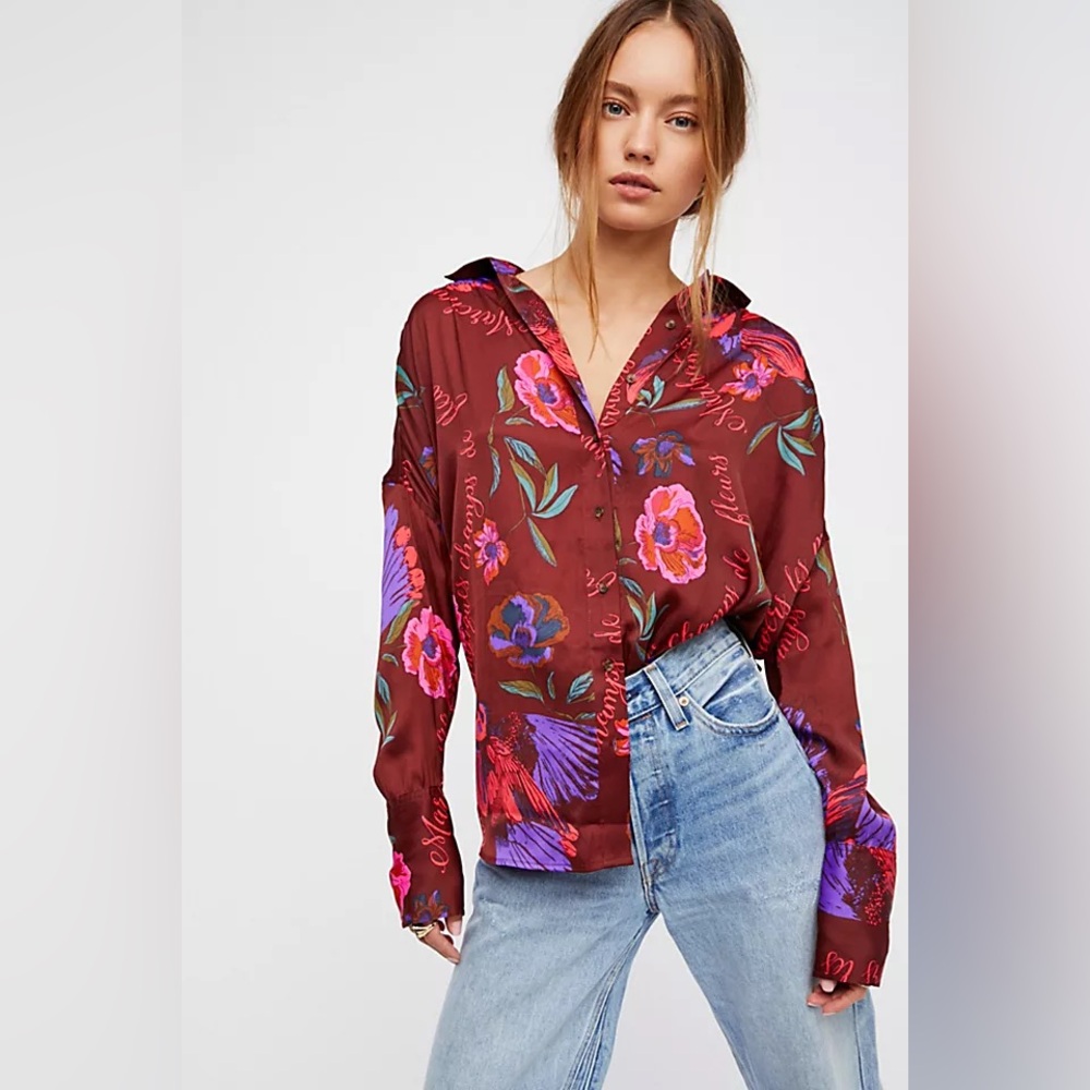 Free People | Silky Nights Button Down | XS | Cranberry Red Floral